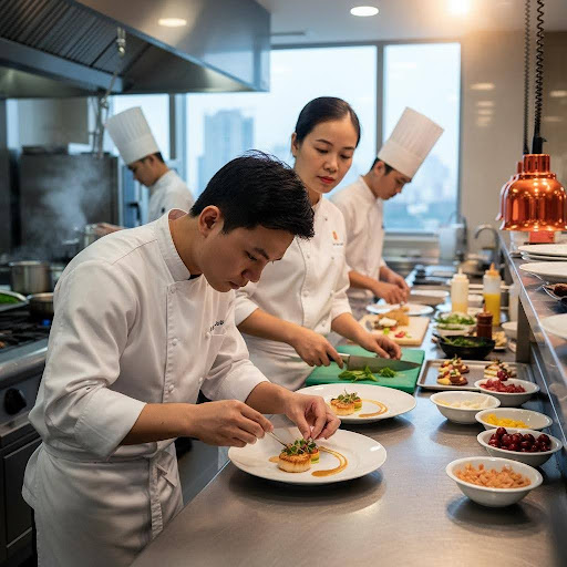 Môi trường bếp 5 sao là nơi các đầu bếp không ngừng học hỏi và phát triển kỹ năng qua từng giai đoạn.