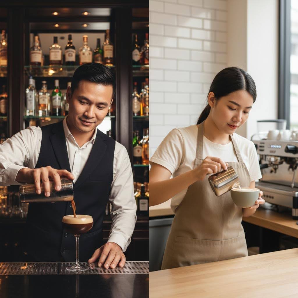 Bartender và Barista, hai nghệ sĩ tài hoa, mỗi người một thế giới hương vị riêng biệt và độc đáo.