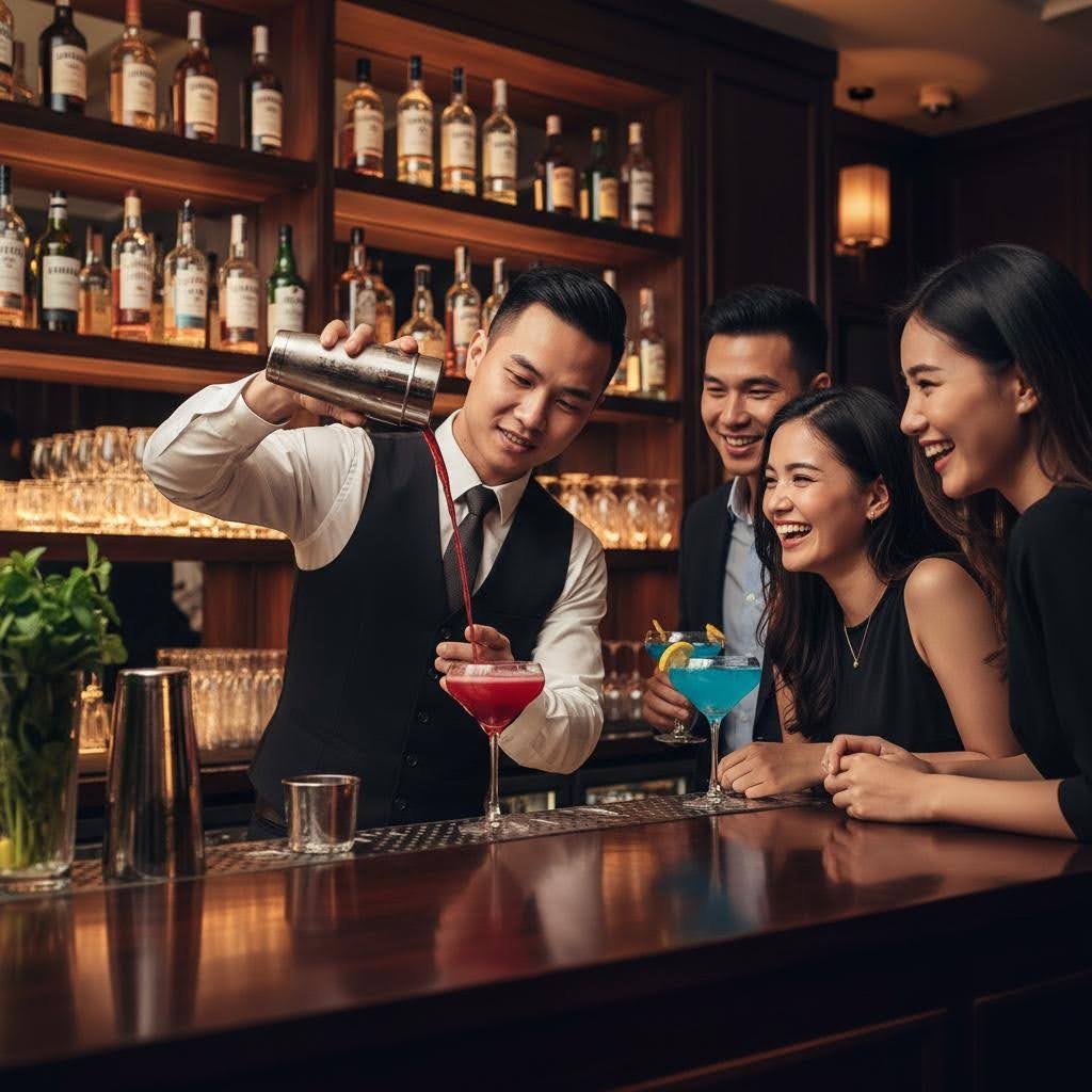 Tại quầy bar, bartender không chỉ pha chế mà còn là người kết nối, tạo nên không khí sôi nổi và trải nghiệm đáng nhớ.